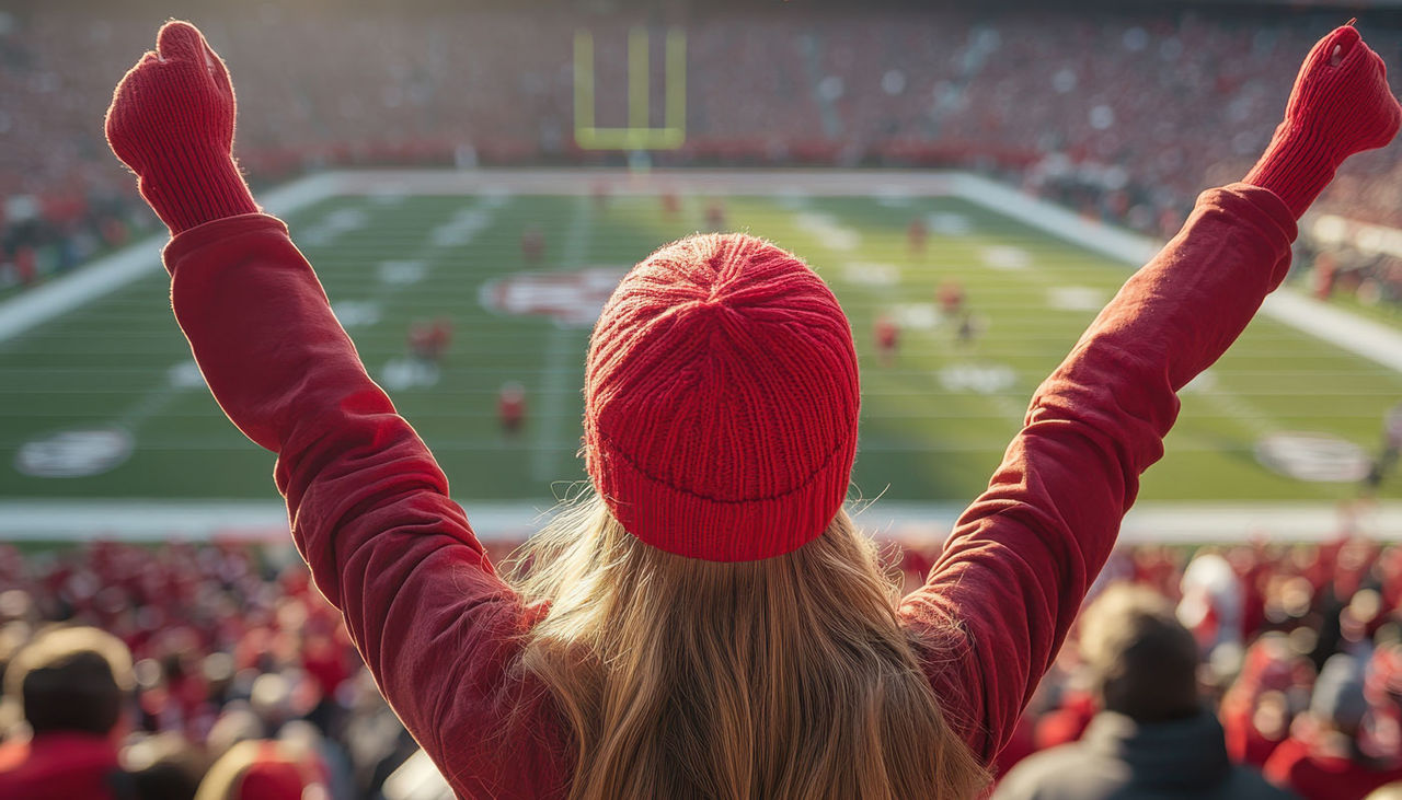 Woman in red celebrates at a football game, arms raised in victory