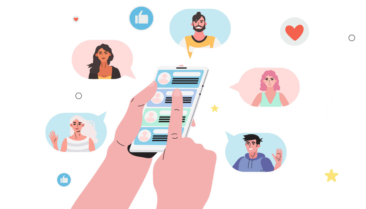 Refer a friend concept with cartoon hands holding a phone with a list of friends contacts