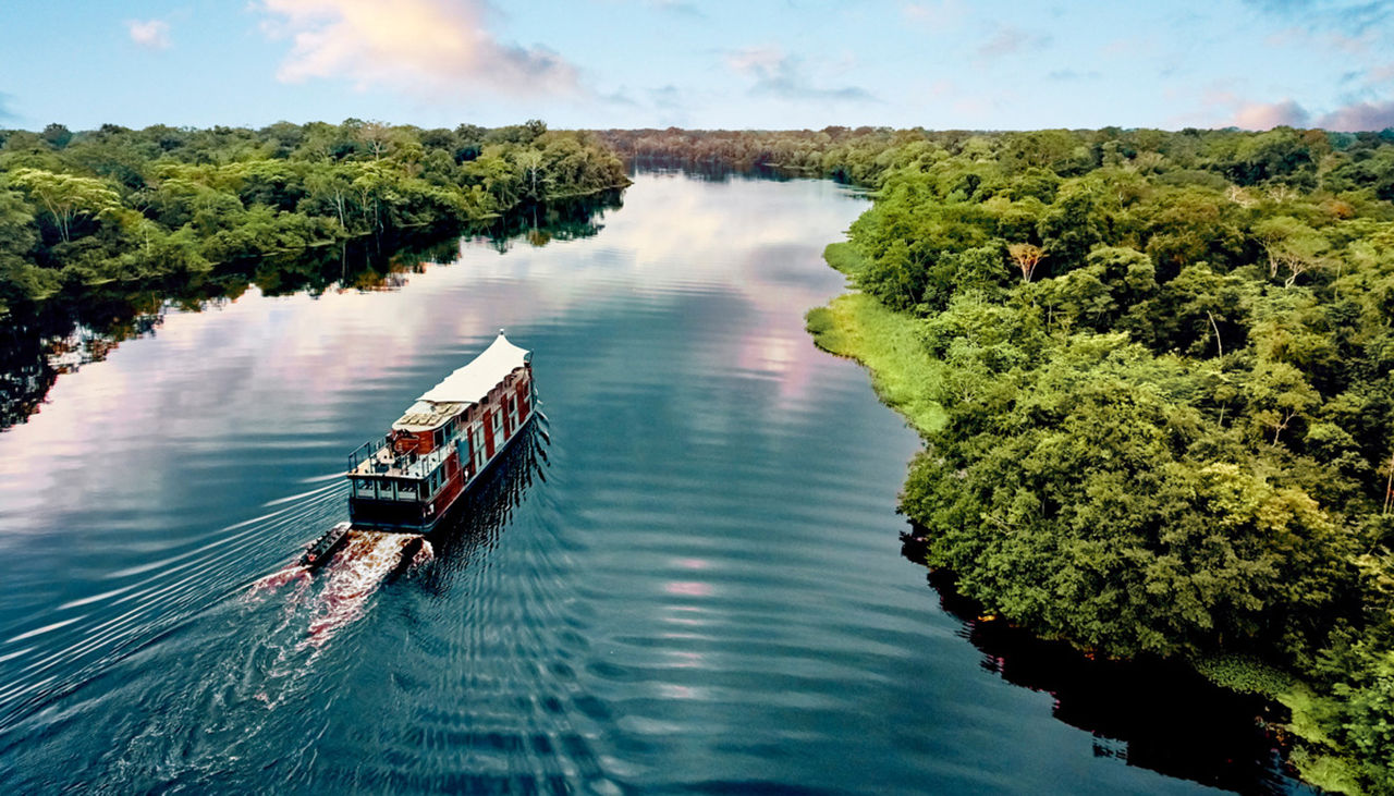 A cruise boat on a river